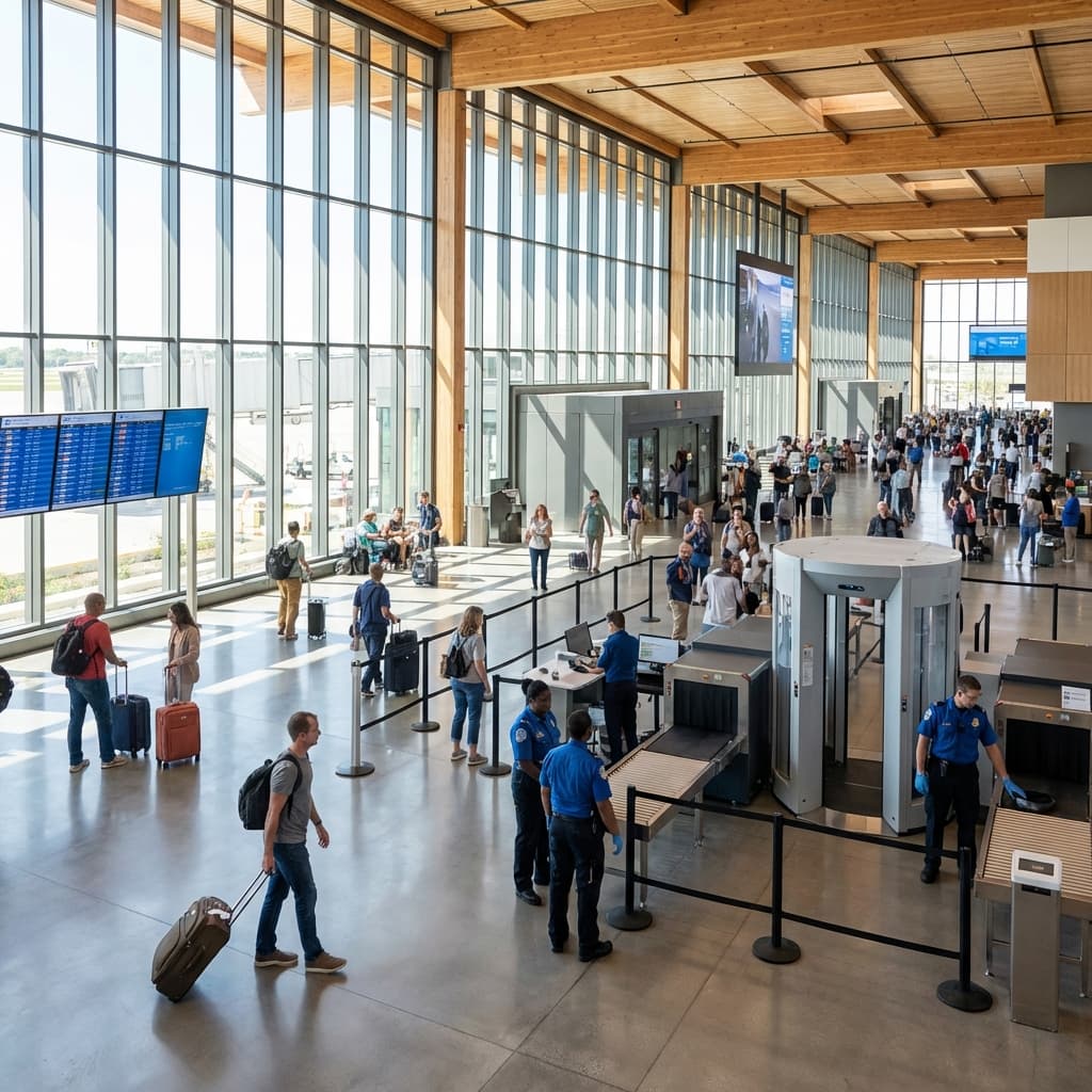 Modern airport terminal with security screening area