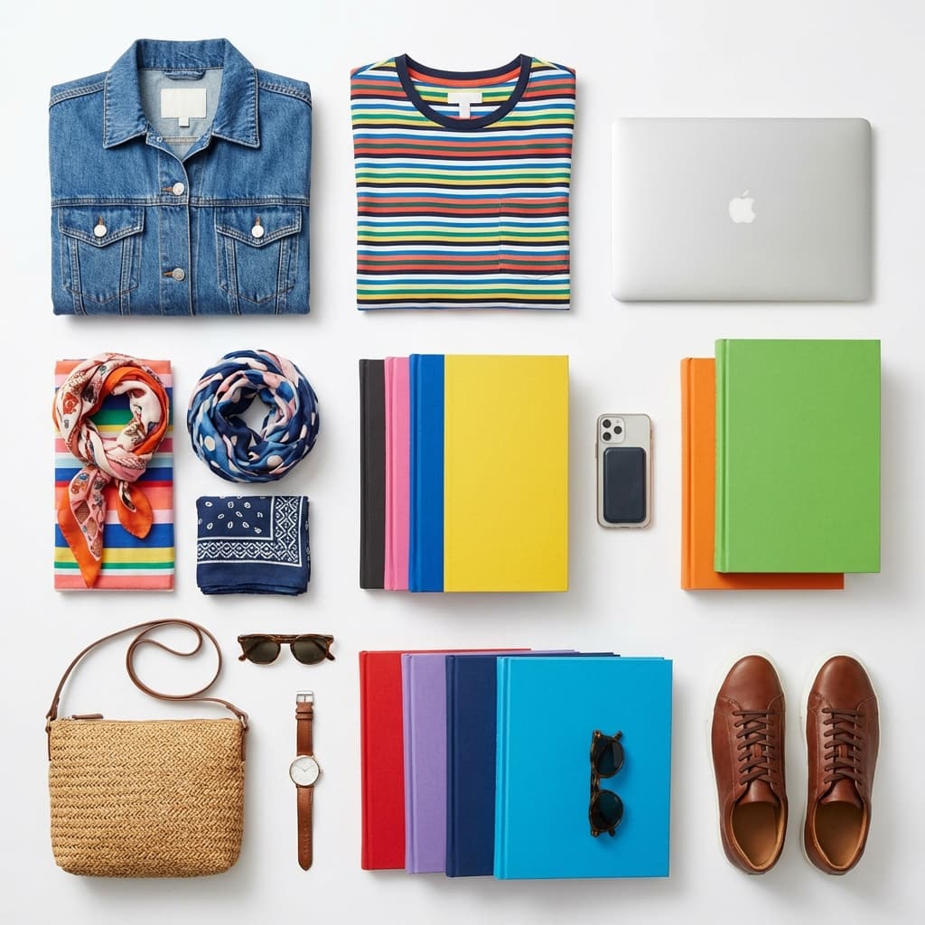 Collection of items that can be sent - clothing, electronics, books, and accessories