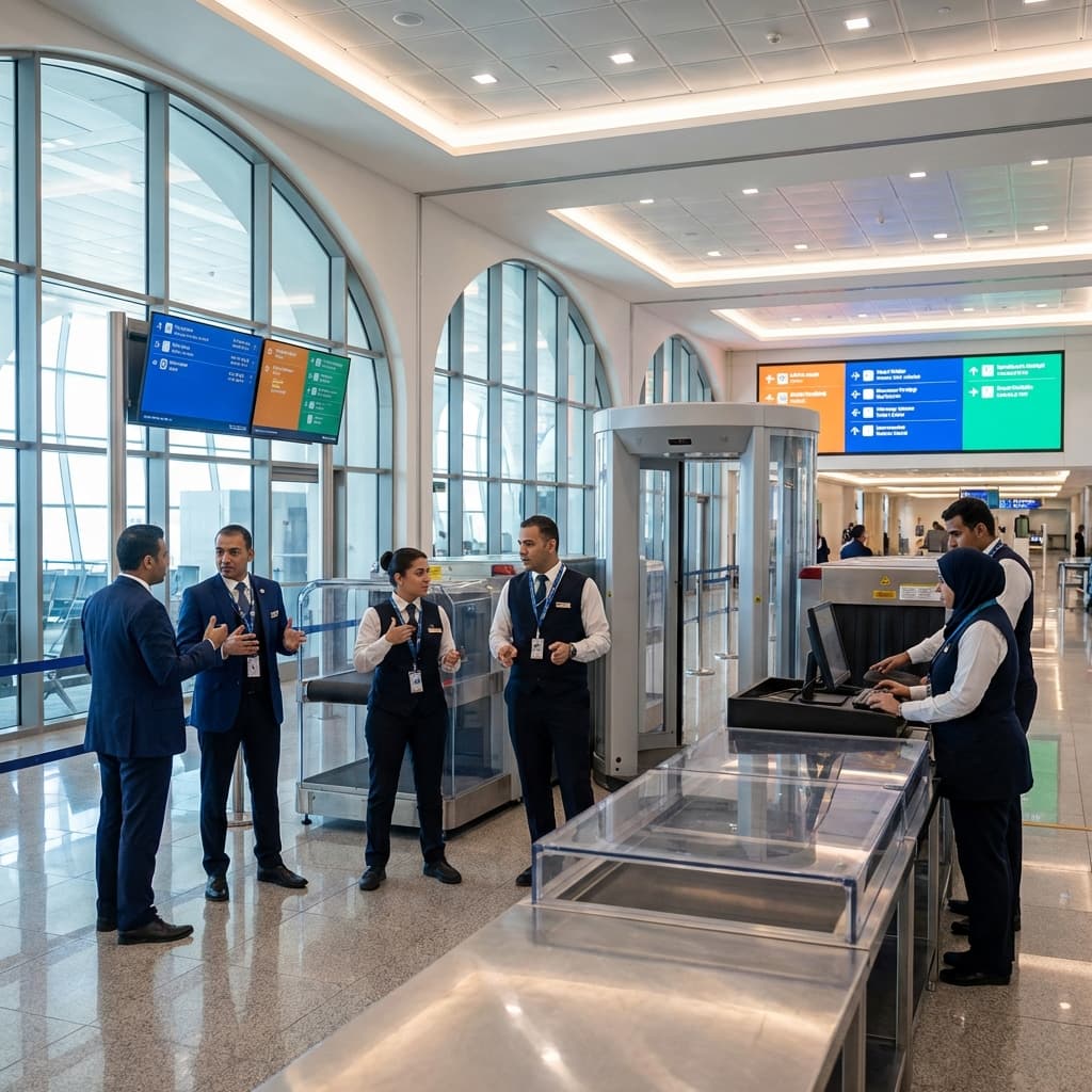 Professional airport staff at modern security screening facility